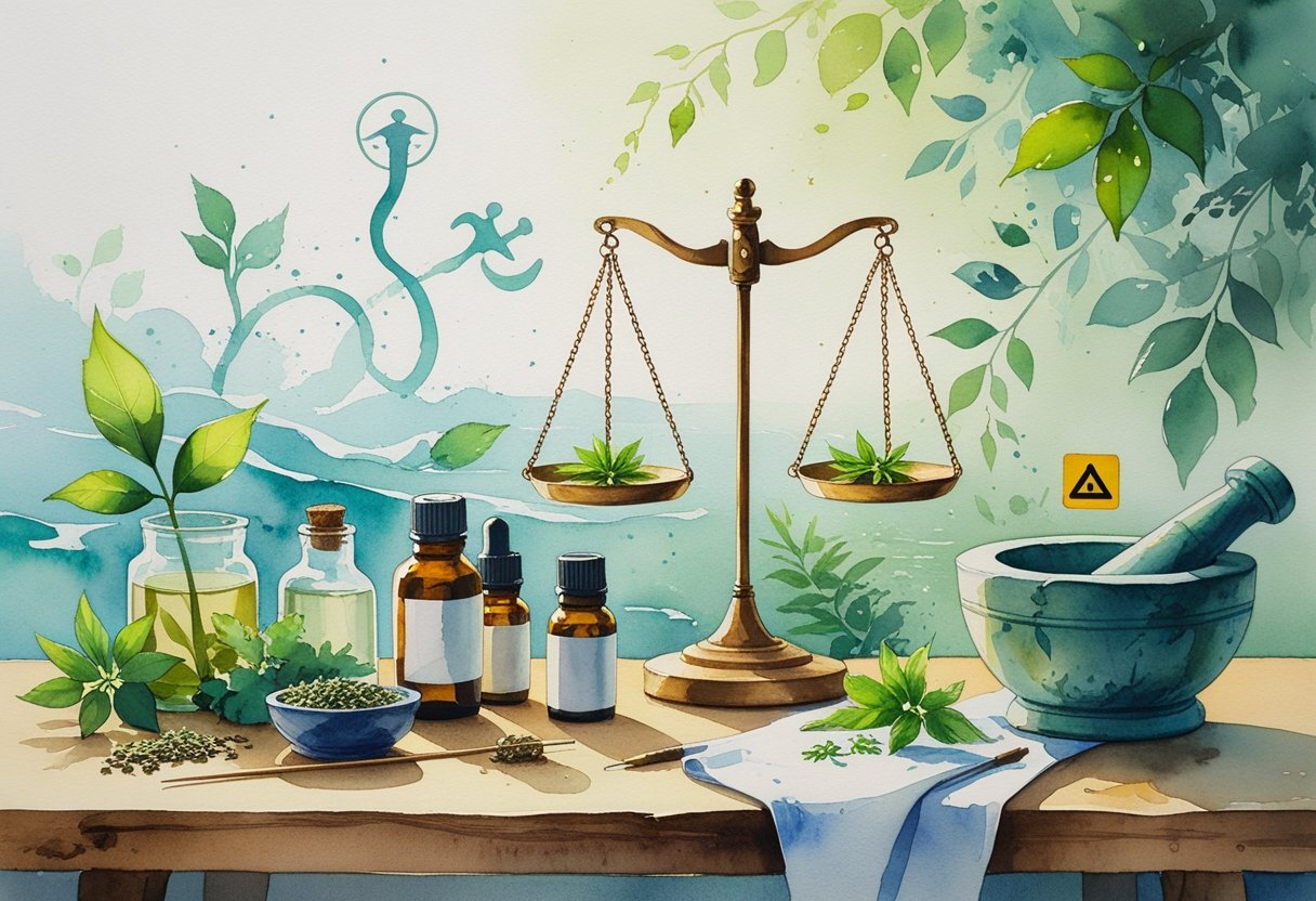 A table with herbal bottles, acupuncture needles, essential oils, and a balance scale showing a leaf and a caution symbol, surrounded by natural elements like water and leaves.
