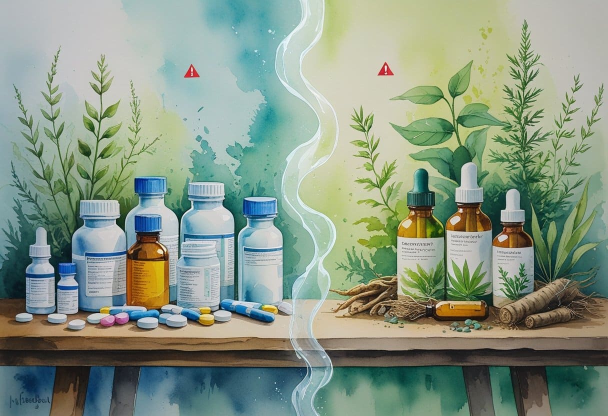A scene showing prescription medication bottles and pills on one side and natural herbs and tinctures on the other, separated by a glowing barrier symbolizing the risks of interactions.