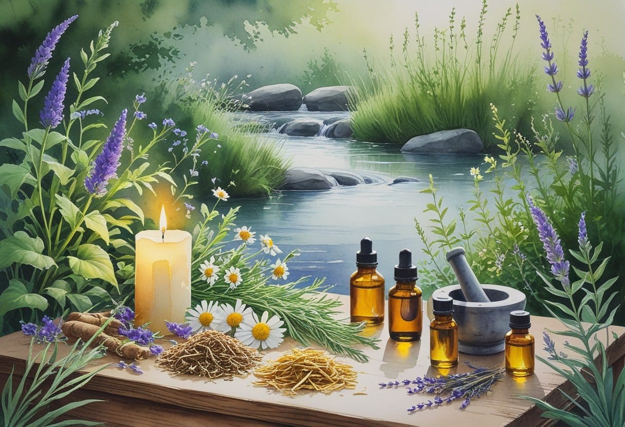 A peaceful natural scene with a wooden table holding various herbal remedies, glass bottles, a candle, and a mortar and pestle, surrounded by green plants and wildflowers near a calm flowing stream.