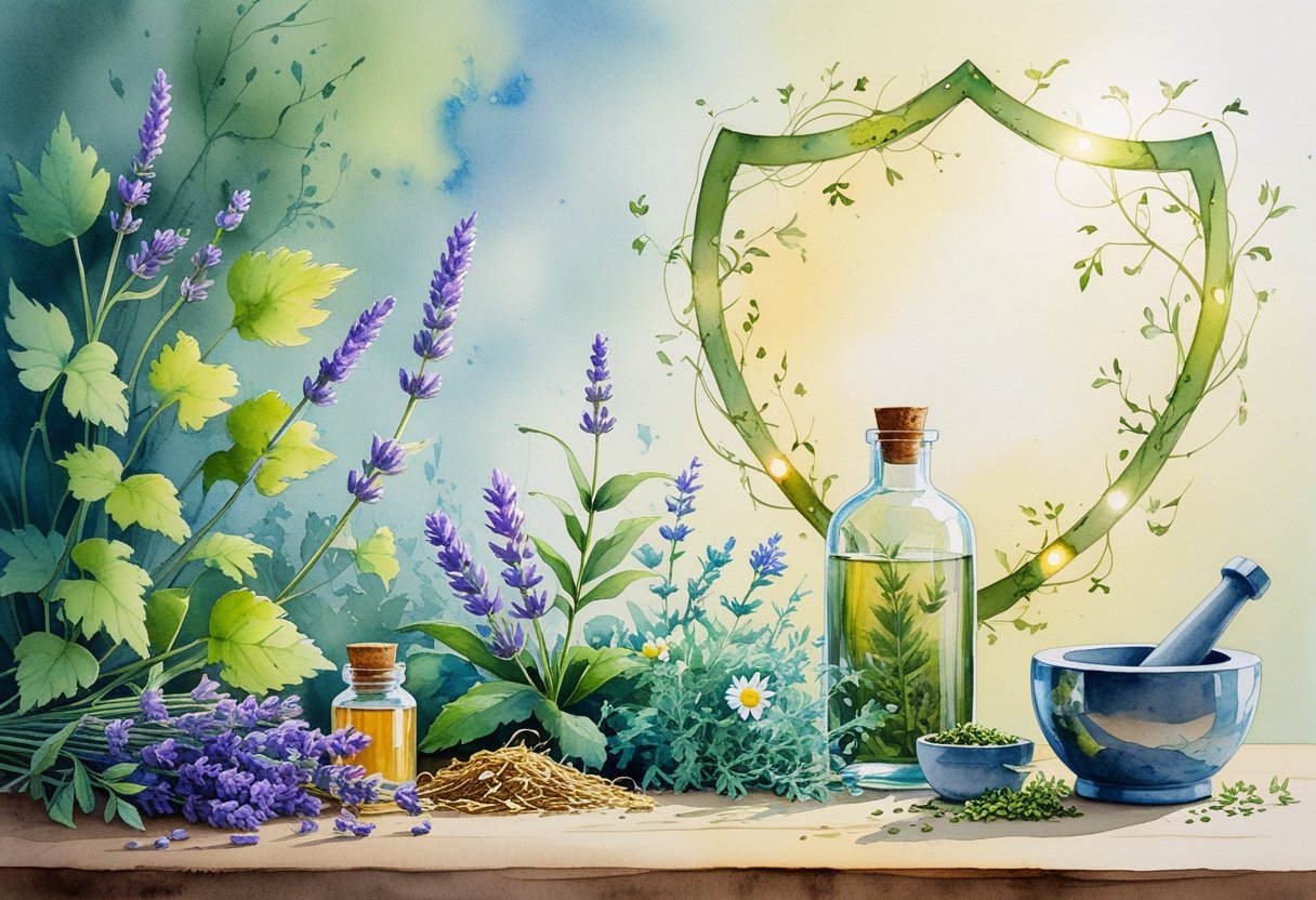 A peaceful scene showing medicinal herbs, a glass bottle, and a mortar and pestle on a table surrounded by soft glowing light and protective vines.