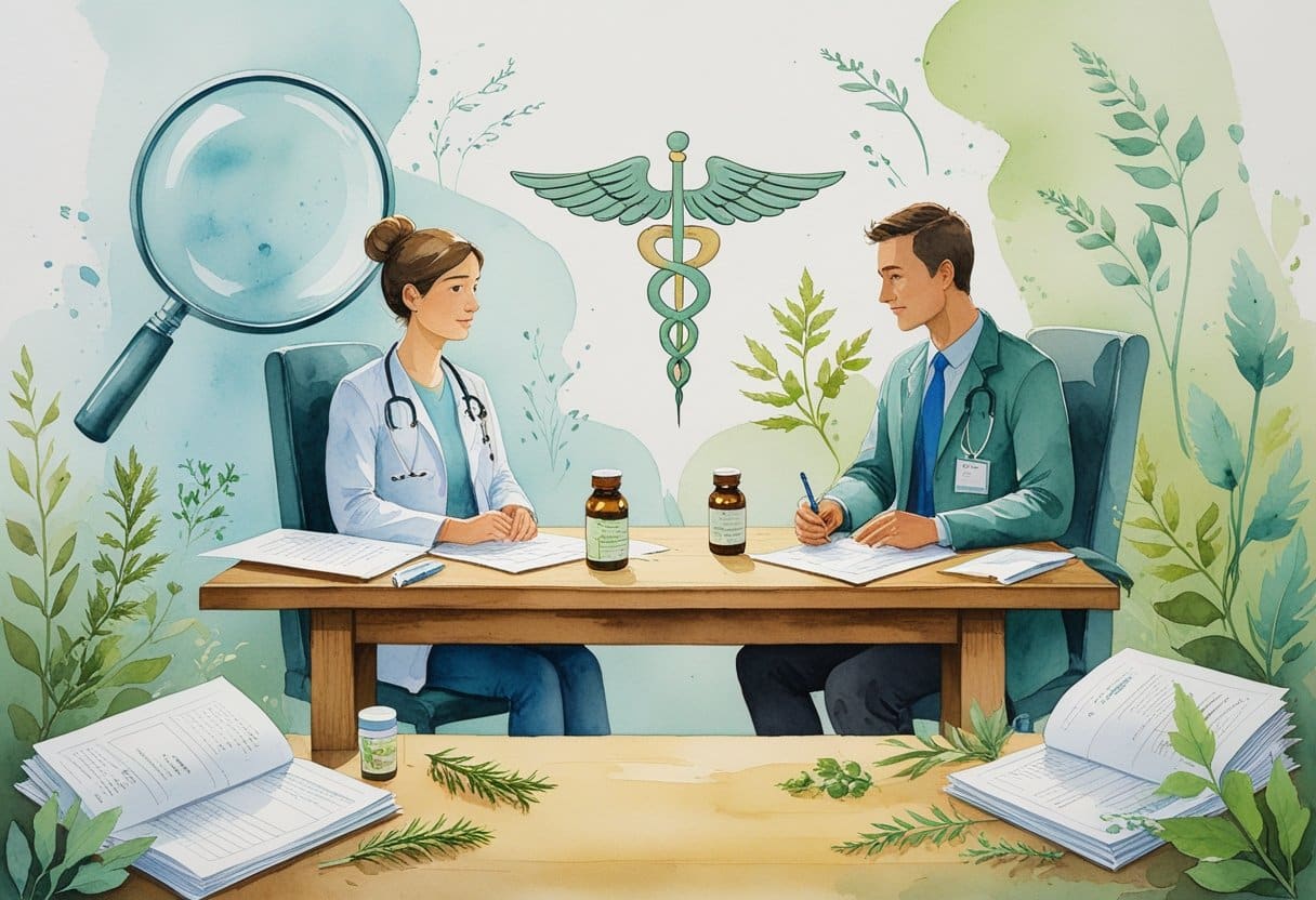 A patient and healthcare provider sitting at a table with medical charts and herbal bottles, engaged in a thoughtful conversation in a softly lit room.