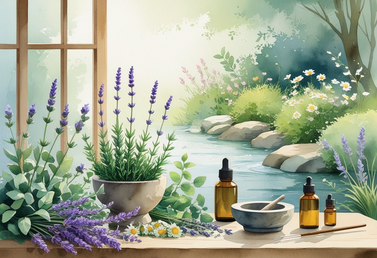 A peaceful scene showing herbs, essential oils, acupuncture needles, and a garden with flowers and a stream symbolizing natural healing and wellness.