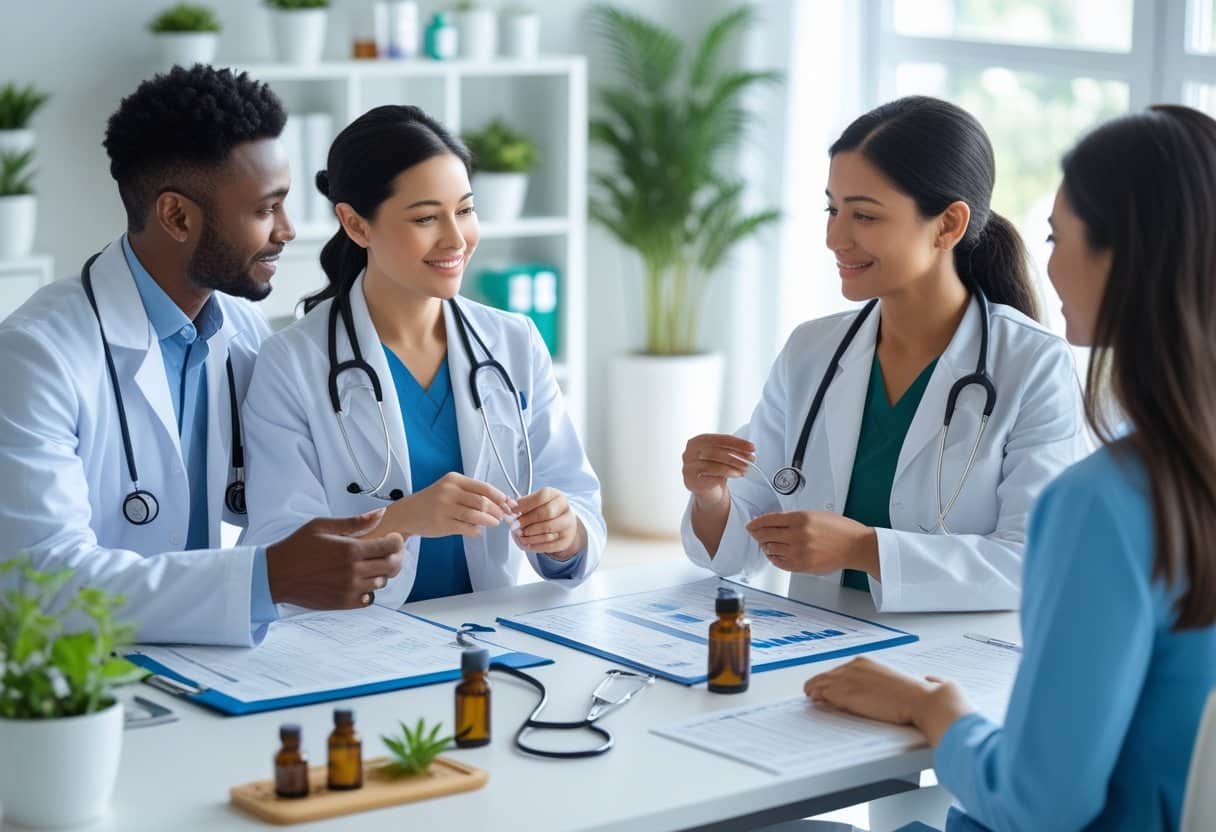 Healthcare professionals and a patient collaborating in a modern medical office with both conventional medical tools and natural healing items.