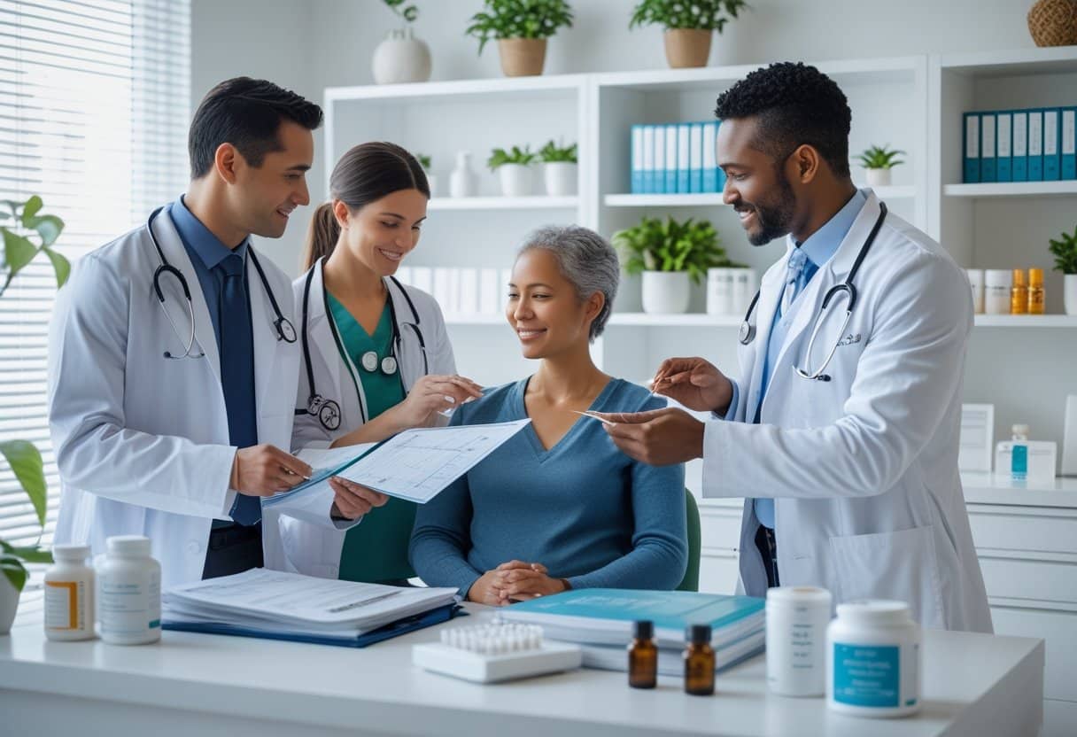 Healthcare professionals and a patient collaborating in a medical office combining conventional and alternative medicine.