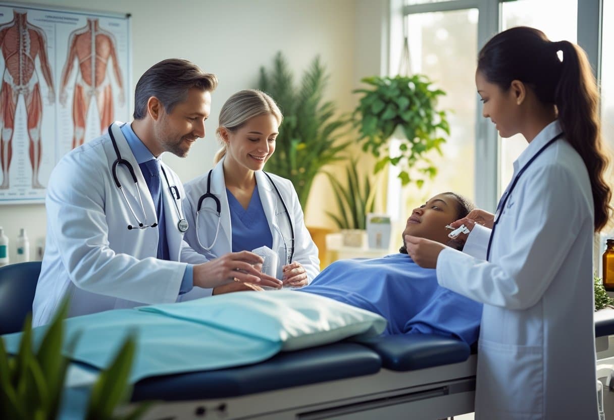 A doctor and an alternative medicine practitioner working together with a patient in a modern clinic room, surrounded by medical equipment and natural therapy items.
