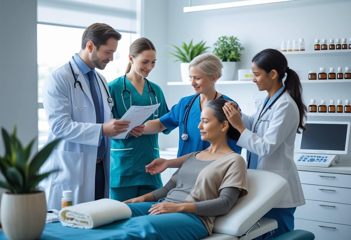 Healthcare professionals collaborating in a clinical setting, combining conventional medical care with alternative treatments like acupuncture and herbal remedies.