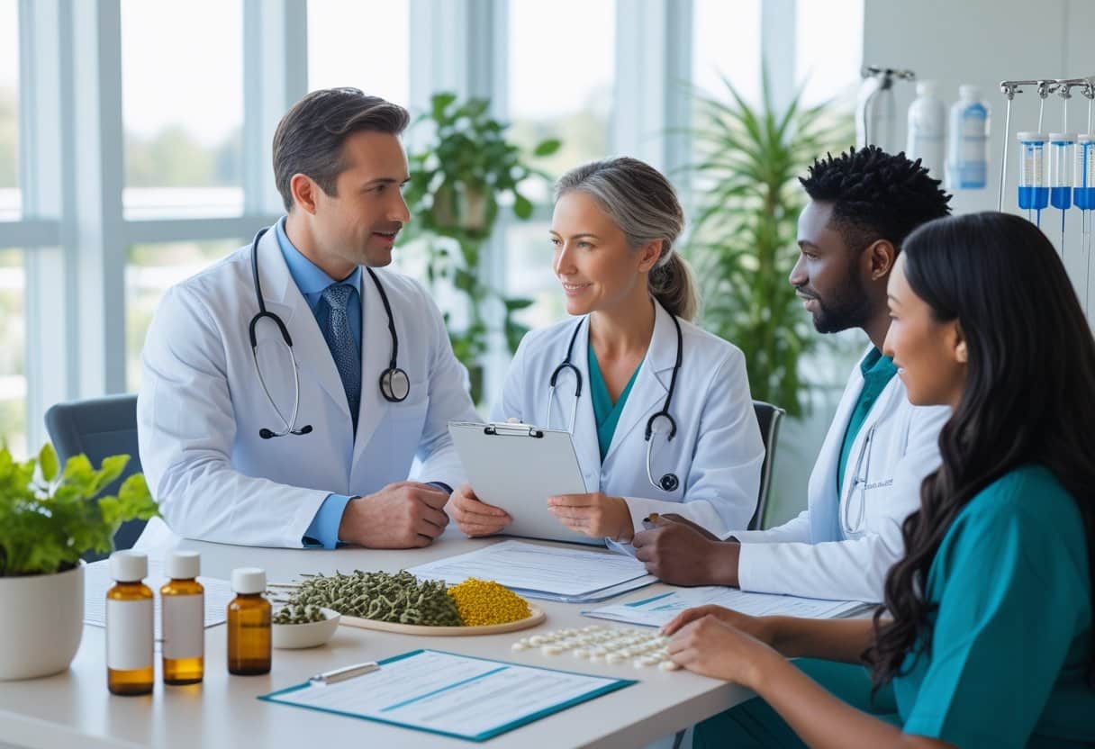 A doctor and an alternative medicine practitioner talk with a patient in a medical office surrounded by healthcare tools and plants.