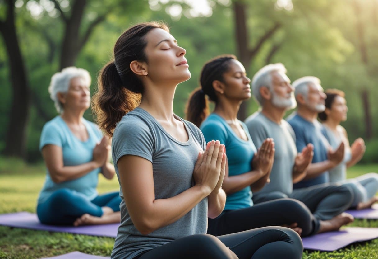 A group of people sitting outdoors with eyes closed, practicing deep breathing exercises in a calm natural environment.