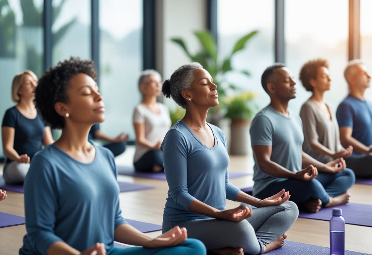 A group of adults sitting calmly indoors with eyes closed, practicing deep breathing exercises in a peaceful setting.