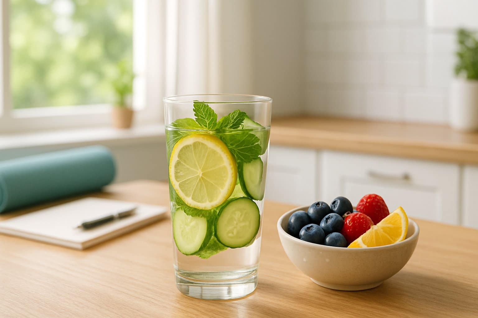 A glass of water infused with lemon, cucumber, and mint on a kitchen counter with a bowl of fresh fruits nearby.