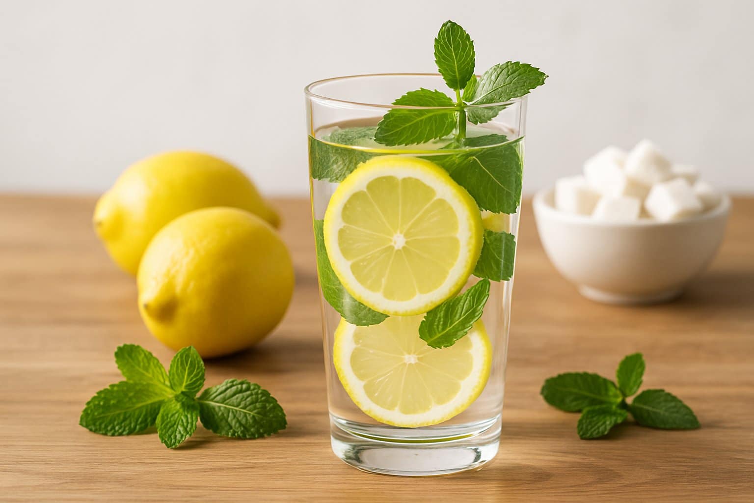 A clear glass of water with lemon slices and mint leaves on a wooden table surrounded by lemons, mint sprigs, and a small bowl of sugar cubes.