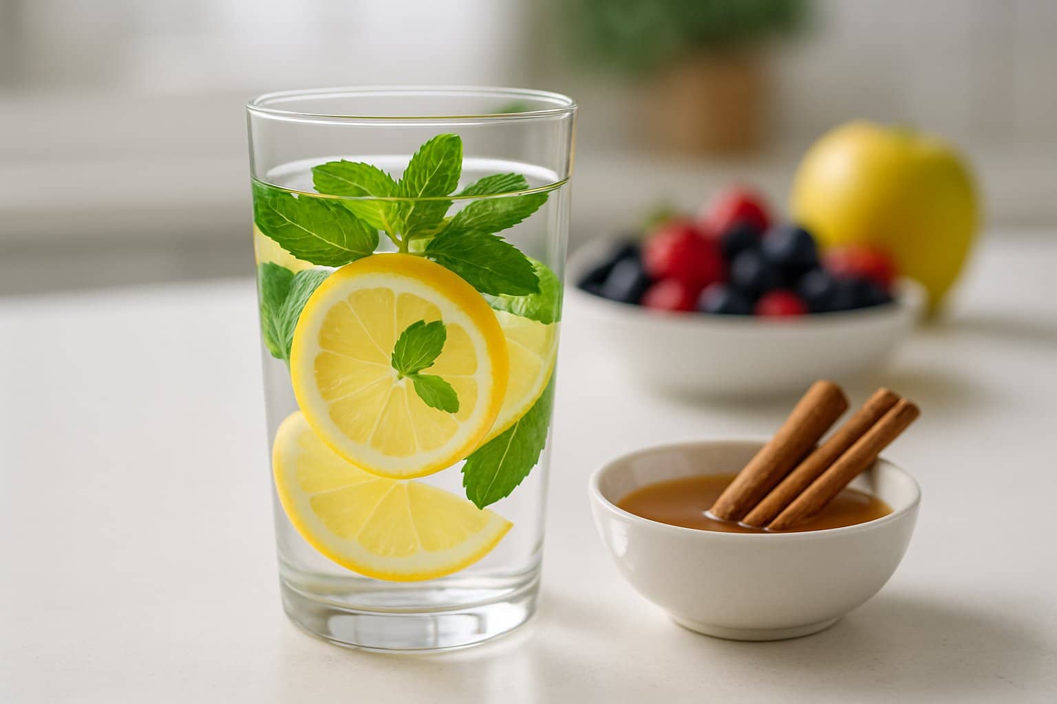 A glass of water with lemon slices and mint on a kitchen counter next to a bowl of honey and cinnamon sticks, with fresh fruits blurred in the background.