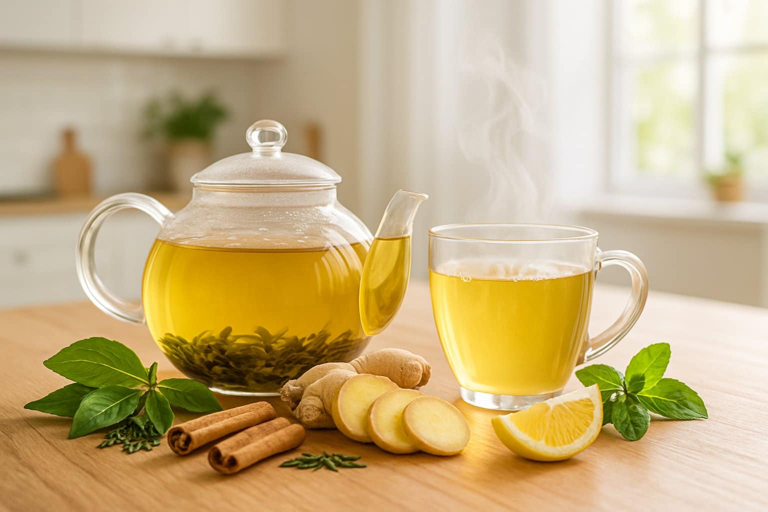 A glass teapot and cup of steaming tea on a wooden table surrounded by fresh green tea leaves, ginger, lemon, cinnamon sticks, and mint leaves.