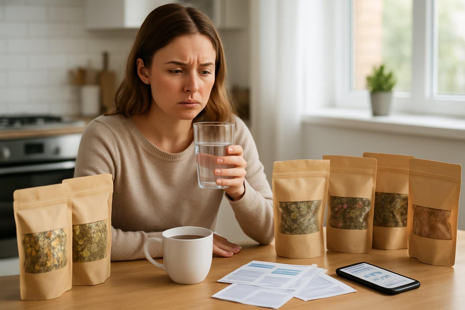 A young woman sitting at a kitchen table with herbal tea bags, a steaming cup of tea, and health pamphlets, looking thoughtfully at a glass of water.