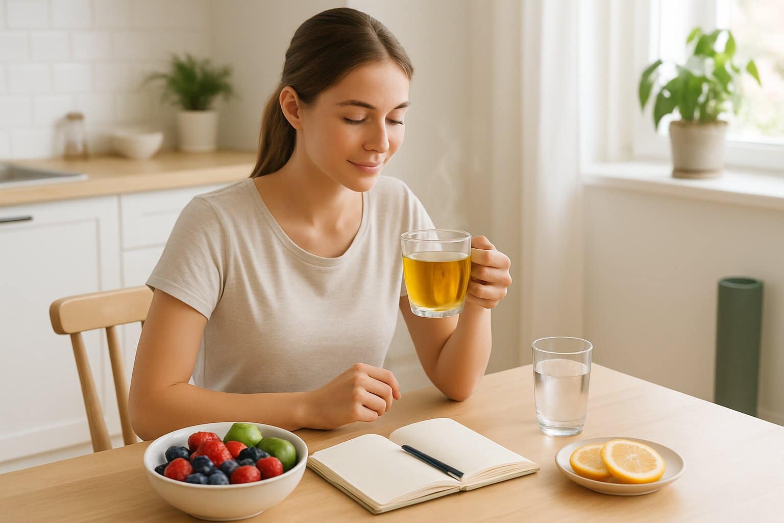 A woman sitting at a kitchen table holding a cup of tea surrounded by fresh fruits and wellness items.
