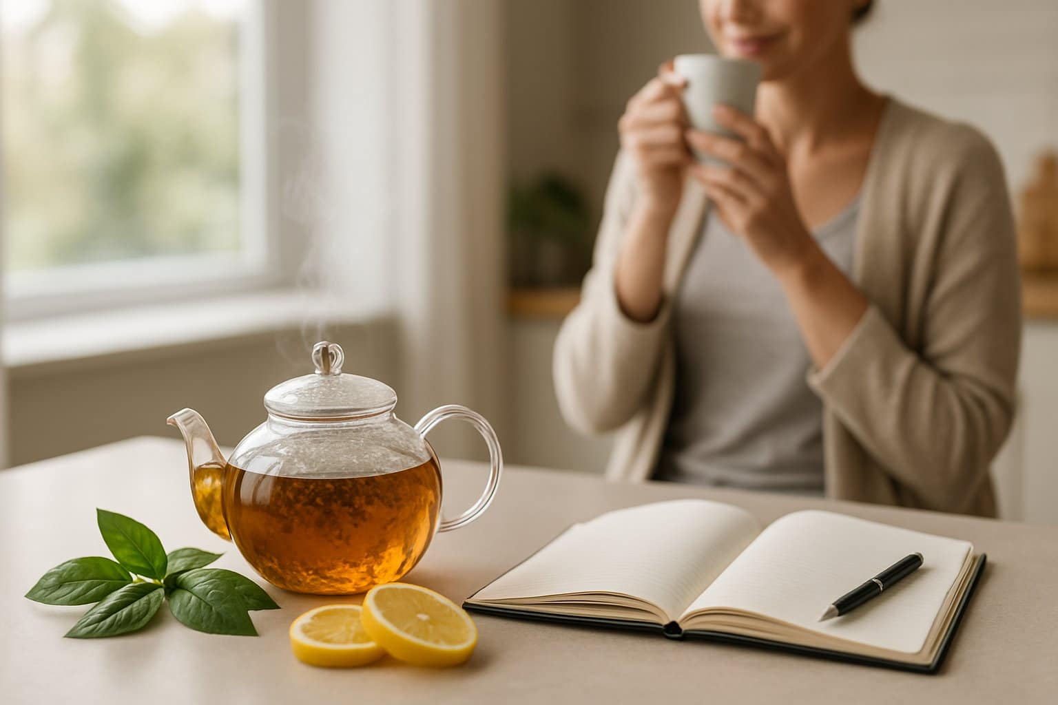A person holding a cup of tea in a bright kitchen with a teapot, fresh tea leaves, lemon slices, and an open notebook on the countertop.