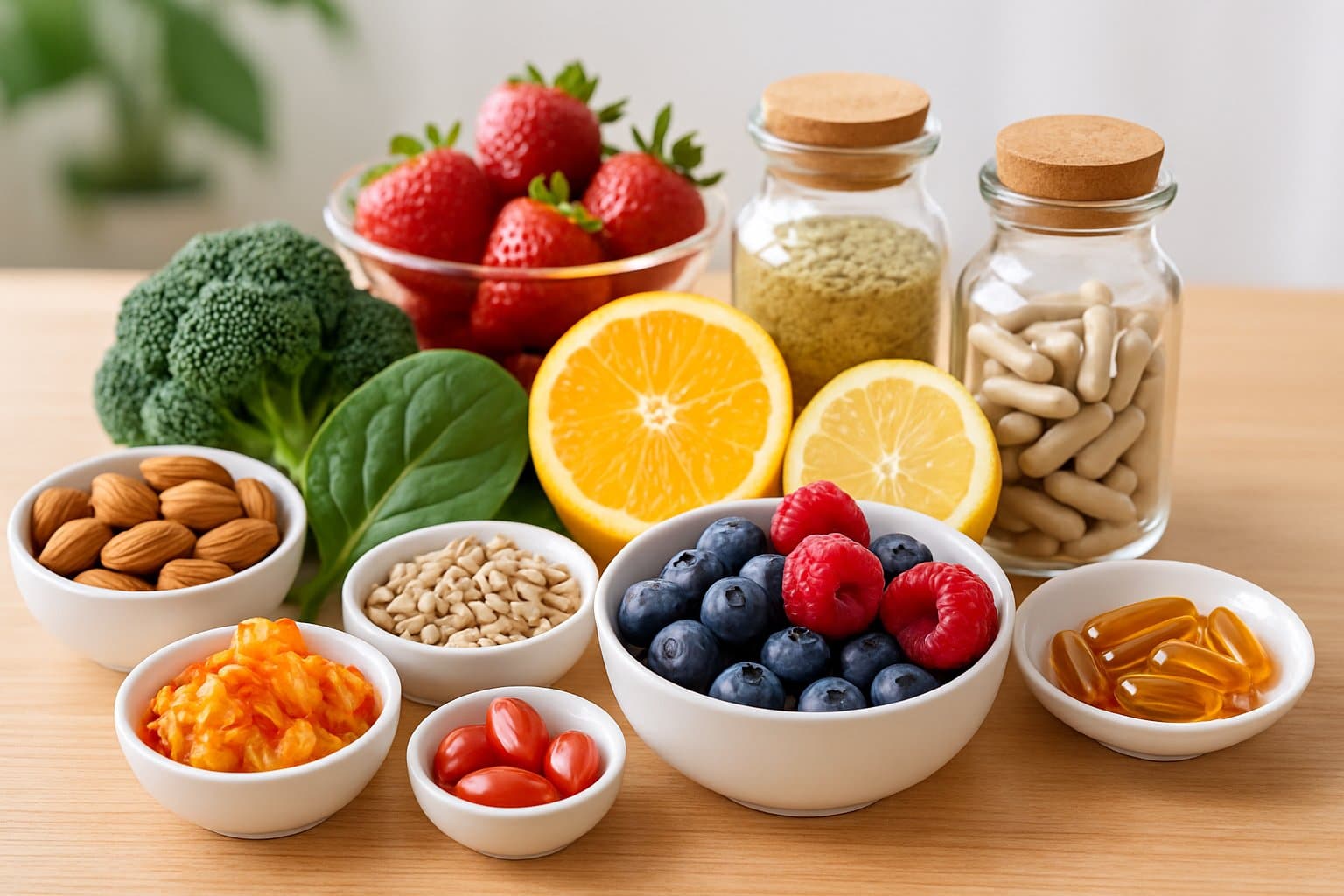 A selection of fresh fruits, vegetables, nuts, seeds, fermented foods, and herbal supplements arranged on a wooden table.