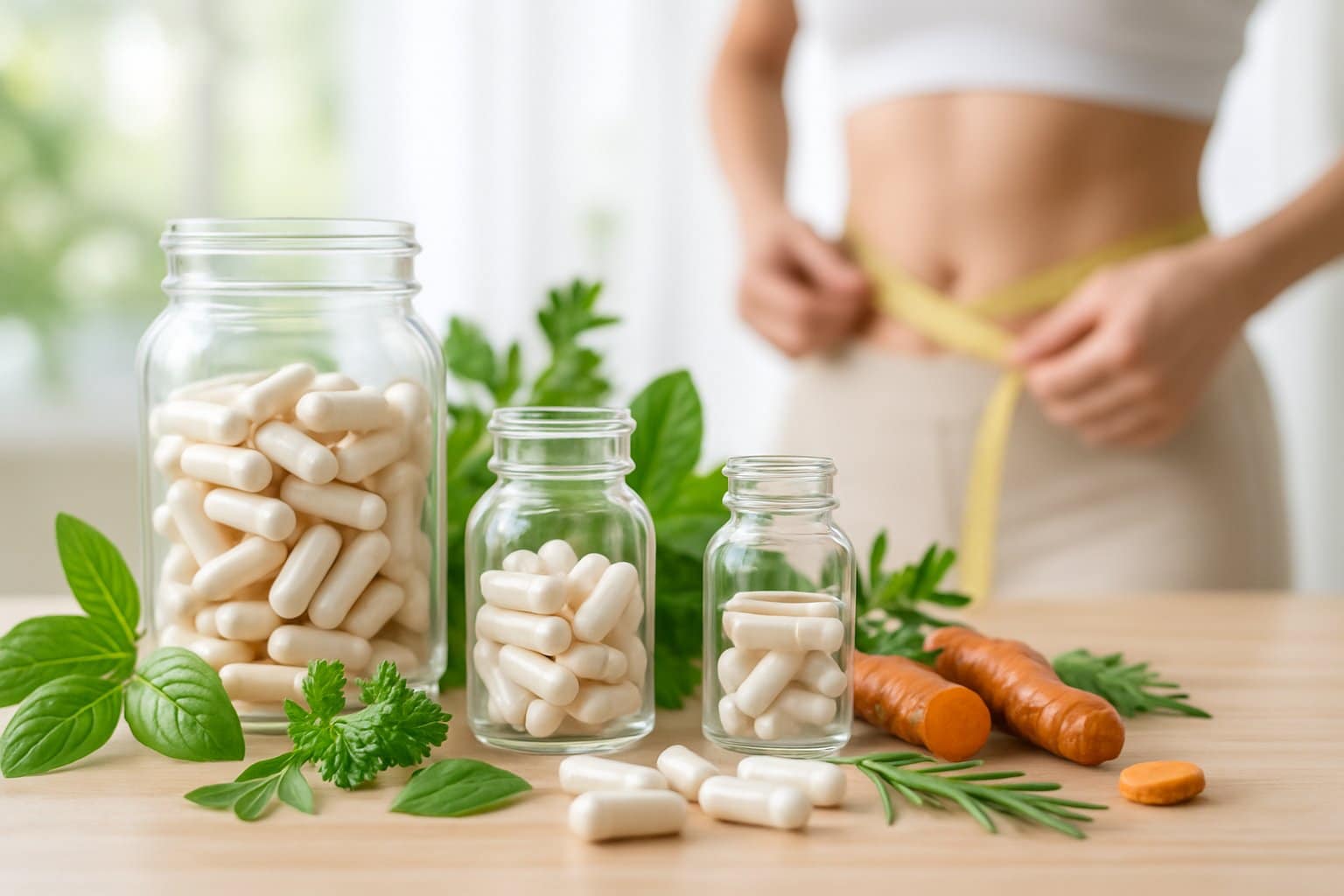 A close-up of natural supplement capsules and bottles surrounded by fresh herbs and turmeric on a wooden surface, with a blurred person measuring their waist in the background.