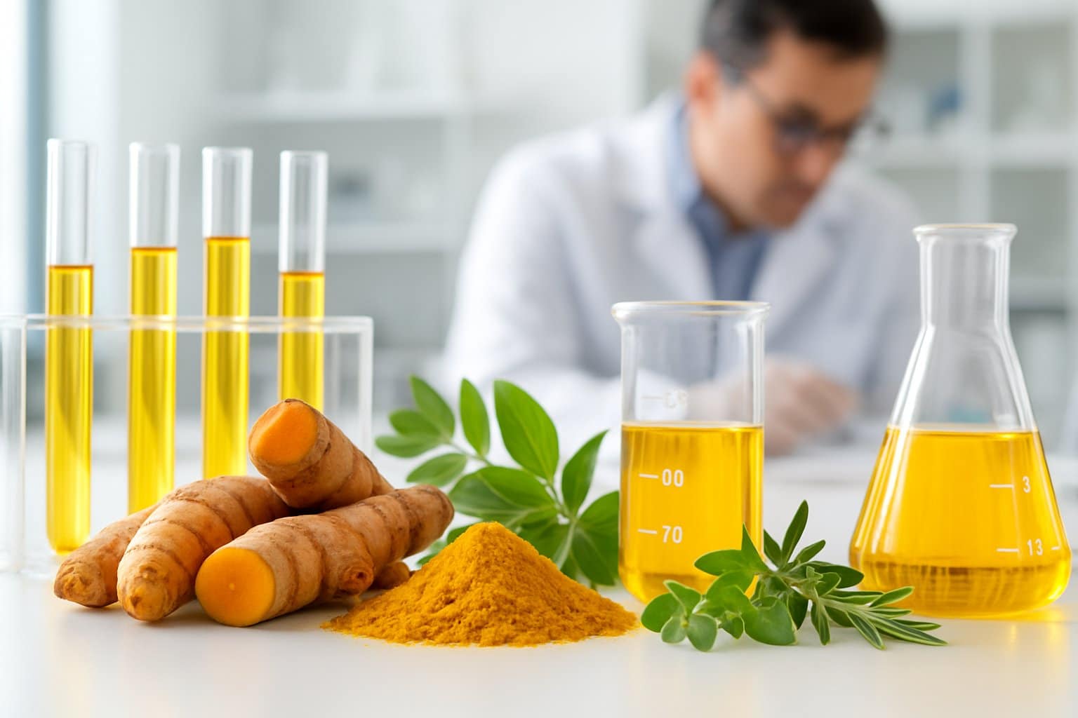 Close-up of turmeric roots, curcumin powder, and natural herbs next to scientific glassware in a bright laboratory with a scientist working in the background.