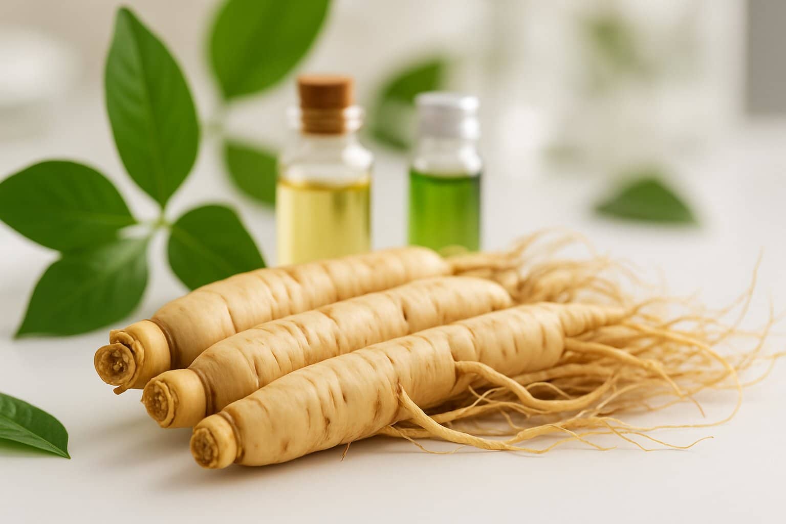 Close-up of fresh ginseng roots arranged on a white surface with green leaves and small glass vials in the background.