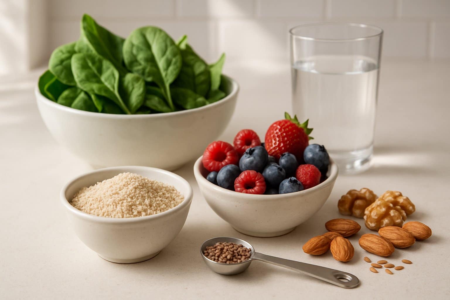 A kitchen countertop displaying oat bran, fresh vegetables, berries, nuts, seeds, and a glass of water arranged neatly.