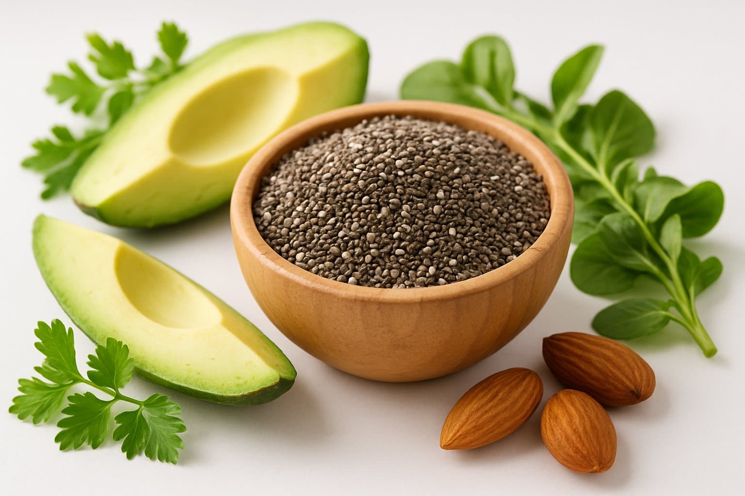 Close-up of a wooden bowl filled with chia seeds surrounded by fresh avocado slices, green herbs, and almonds on a white surface.