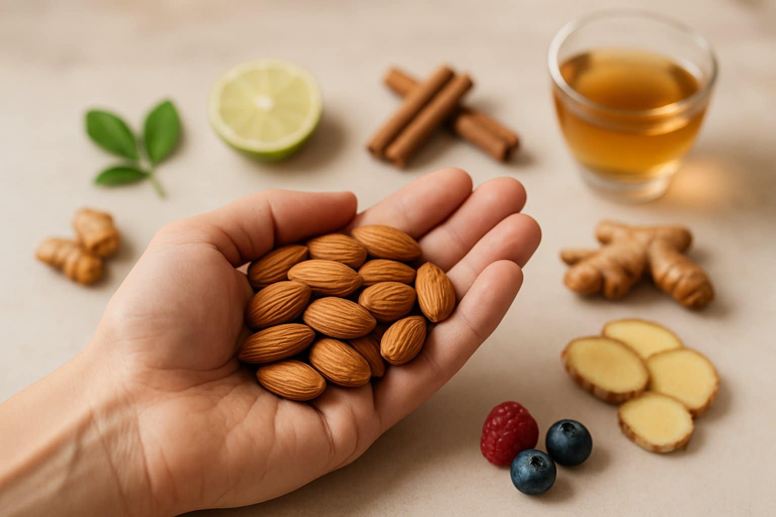 A close-up of a hand holding raw almonds surrounded by various natural ingredients like leaves, citrus slices, cinnamon sticks, turmeric, berries, ginger, and herbal tea.