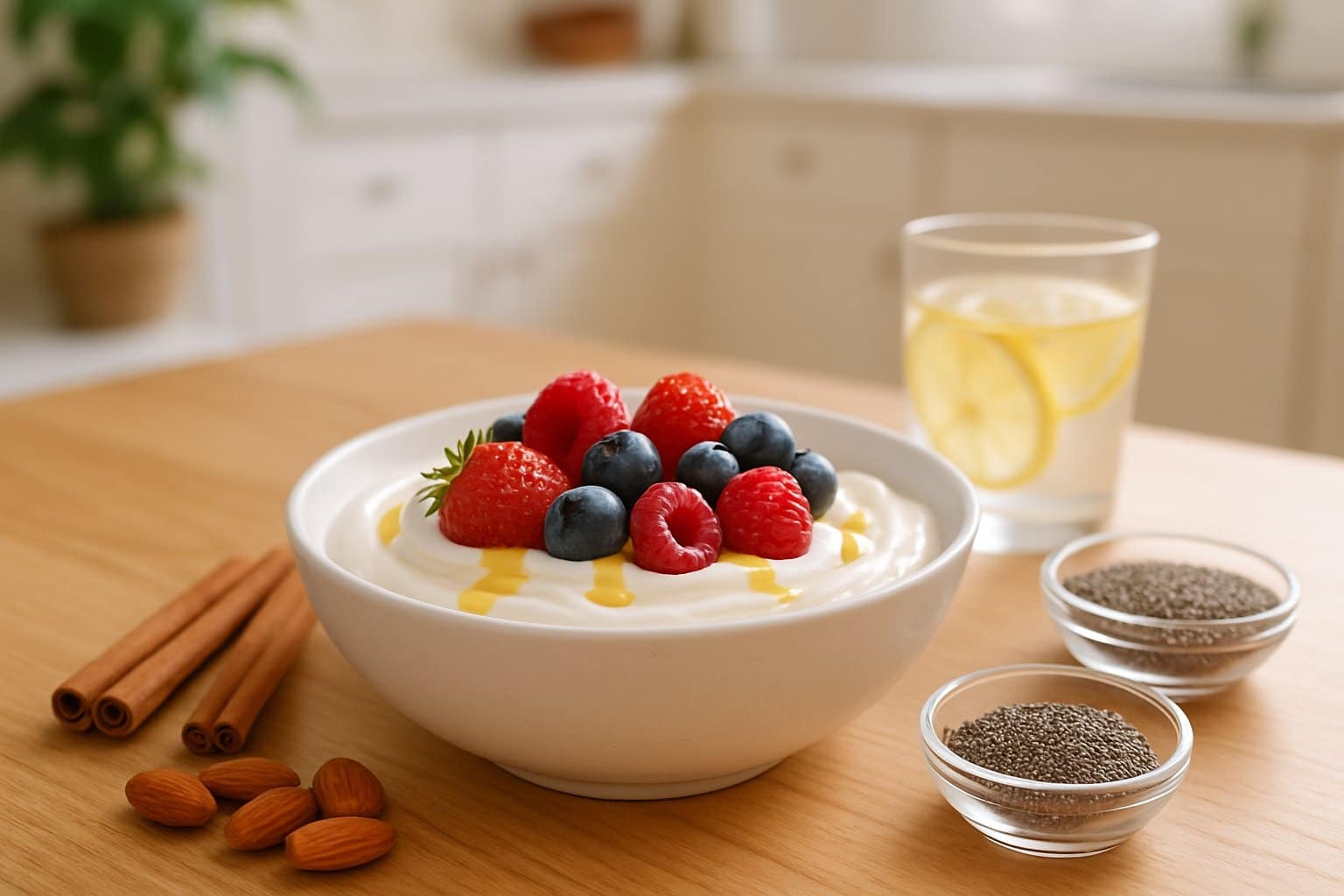 A bowl of Greek yogurt topped with berries and honey on a wooden table, surrounded by natural ingredients like cinnamon, almonds, and chia seeds.