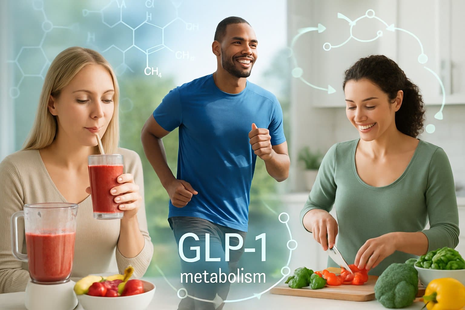 A group of healthy adults enjoying fresh fruits, exercising outdoors, and preparing a vegetable meal in a bright kitchen with subtle digital molecular overlays.