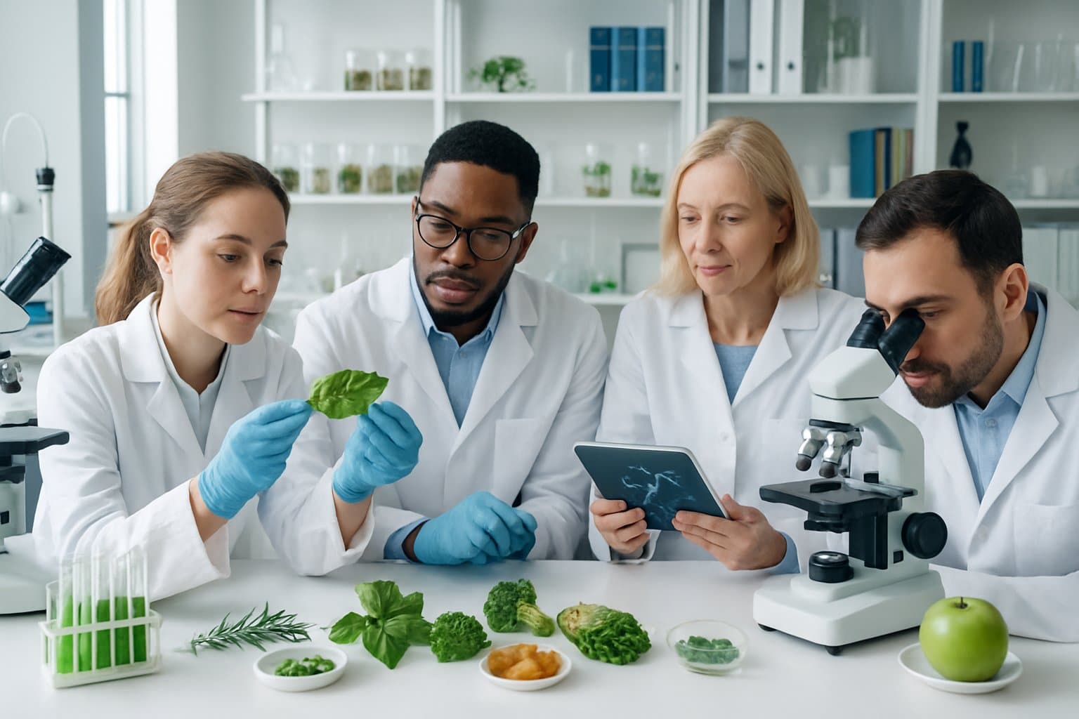 Scientists studying natural plants and herbs in a laboratory with scientific equipment and charts.