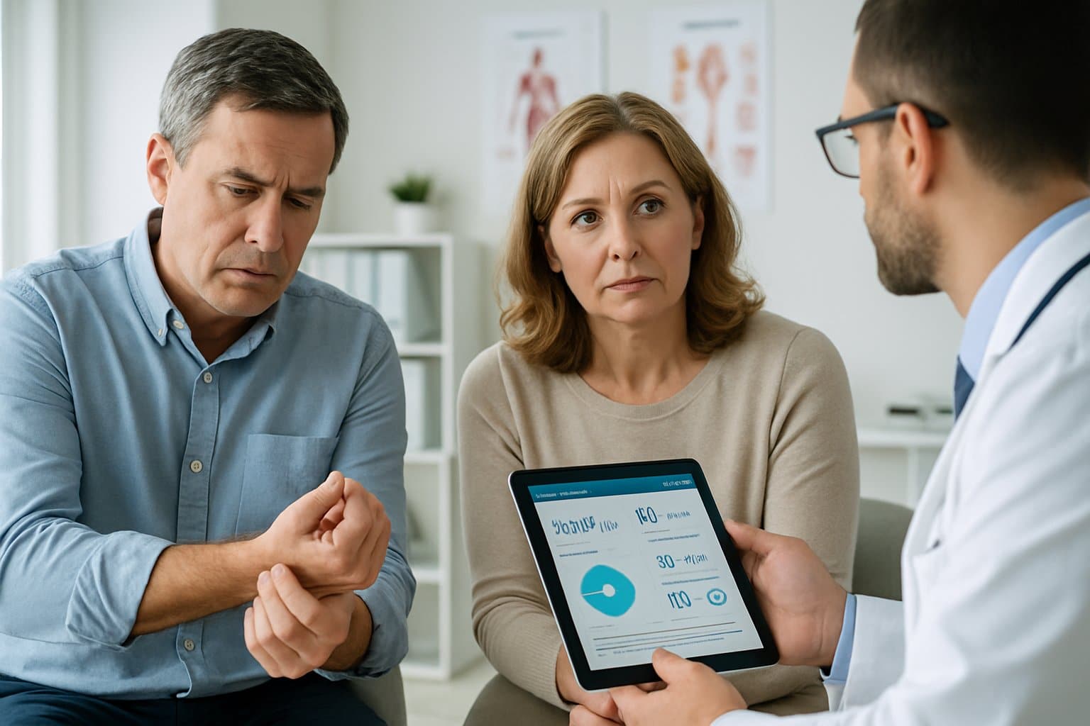 A middle-aged man and woman in a medical office talking to a doctor who is showing health information on a tablet.