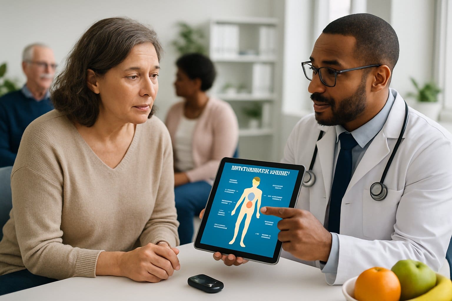 A middle-aged woman talks with a doctor in a medical clinic, looking at a digital tablet showing a human body diagram.