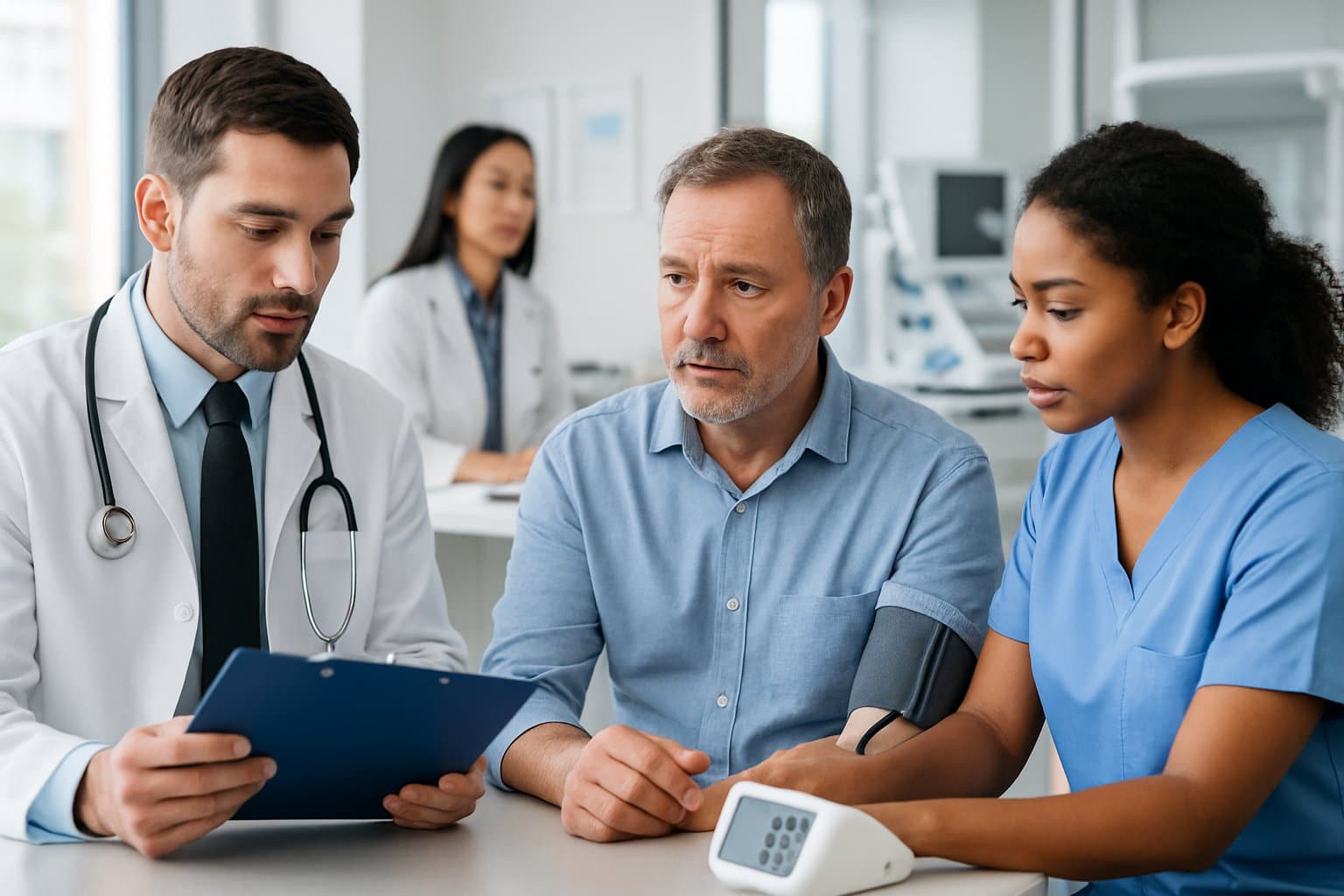 A doctor and nurse conducting a medical checkup with a middle-aged patient in a modern clinic.