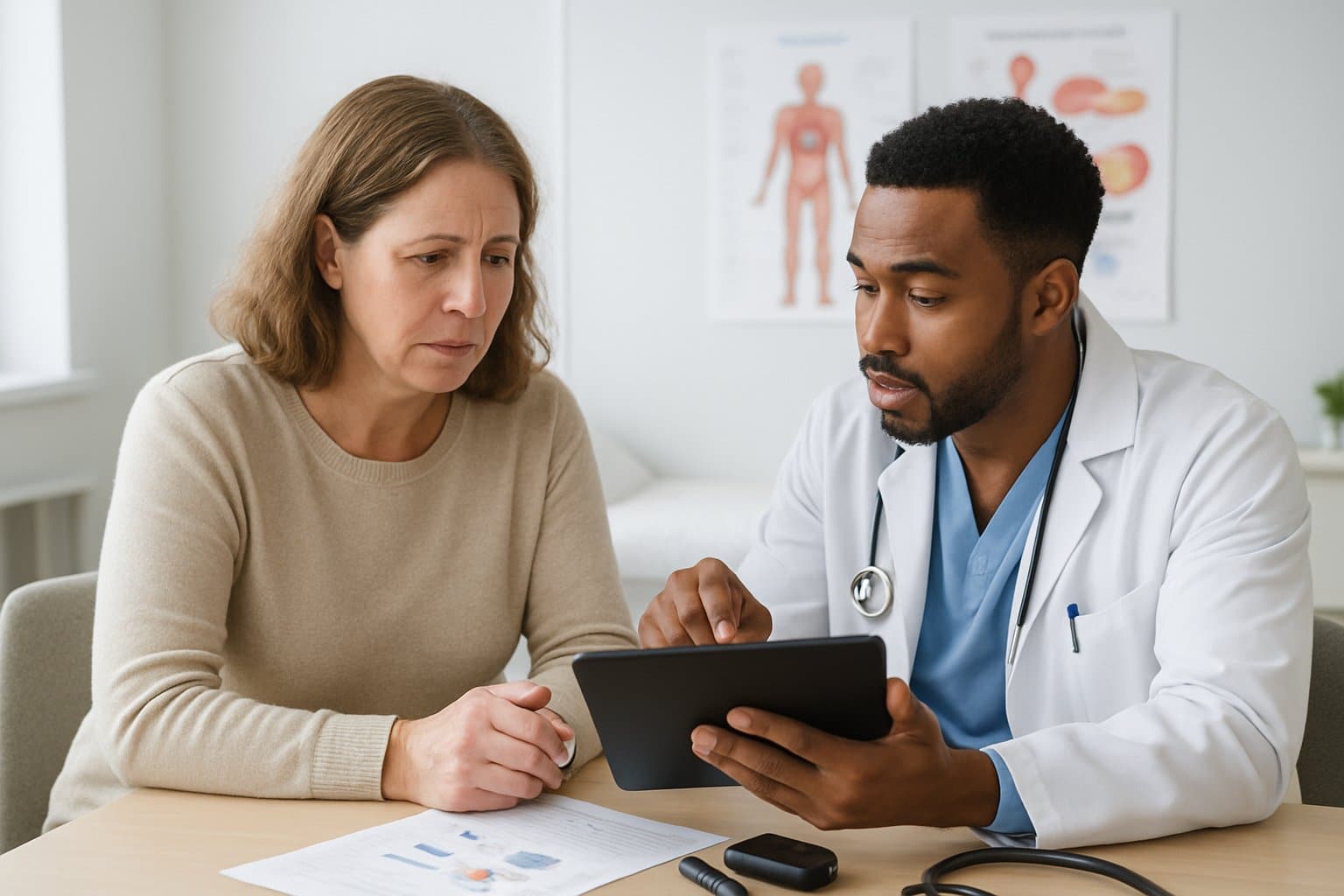 A middle-aged woman consulting a healthcare professional in a medical clinic with diabetes-related charts and medical equipment visible.