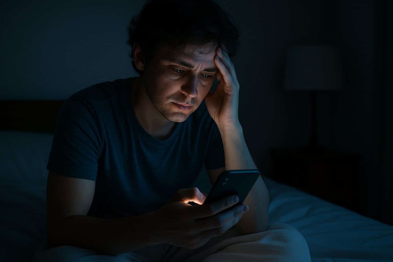 A young adult sitting on a bed at night, looking tired while using a smartphone that glows blue in a dimly lit bedroom.