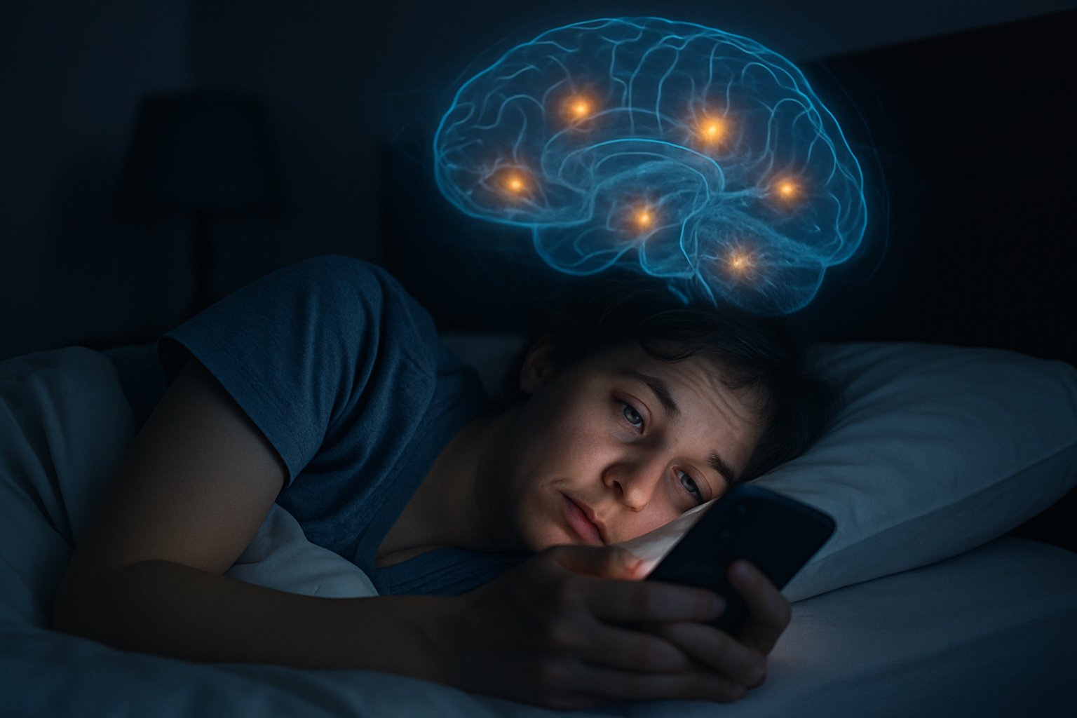 A person lying in bed at night looking at a smartphone with a dim bedroom background and a faint illustration of a brain behind them.