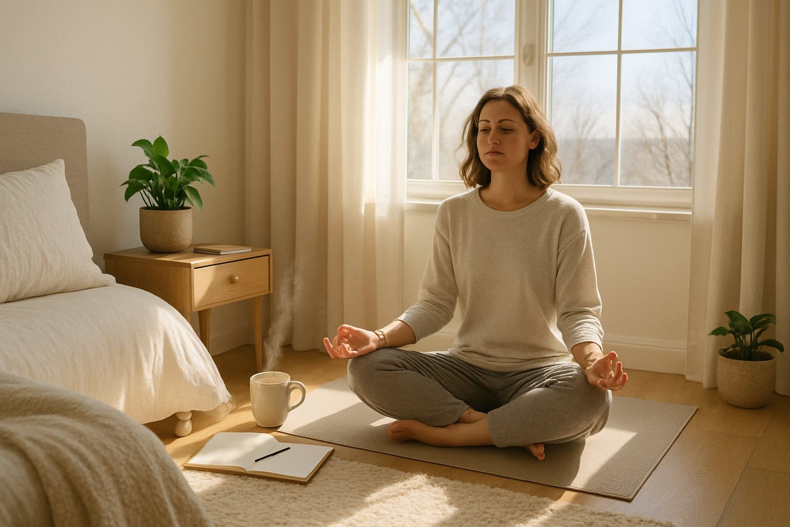 v2-123yr2-e68m9 - Preventive Medicine Daily A person meditating on a yoga mat by a sunlit window in a tidy bedroom with plants, a journal, and a cup of tea.