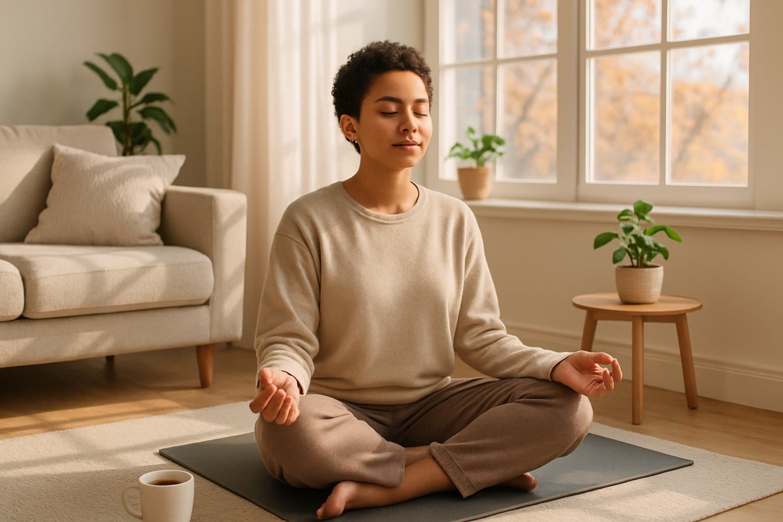 v2-123yrn-dq1me - Preventive Medicine Daily A person meditating on a yoga mat in a sunlit living room with plants and a window showing autumn trees.