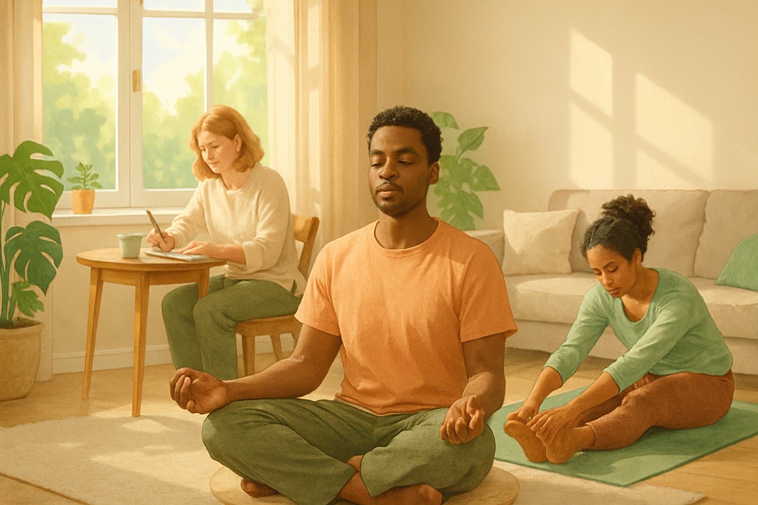 v2-123ysj-aw5tr - Preventive Medicine Daily People practicing mindful morning activities like deep breathing, journaling, and stretching in a sunlit living room.
