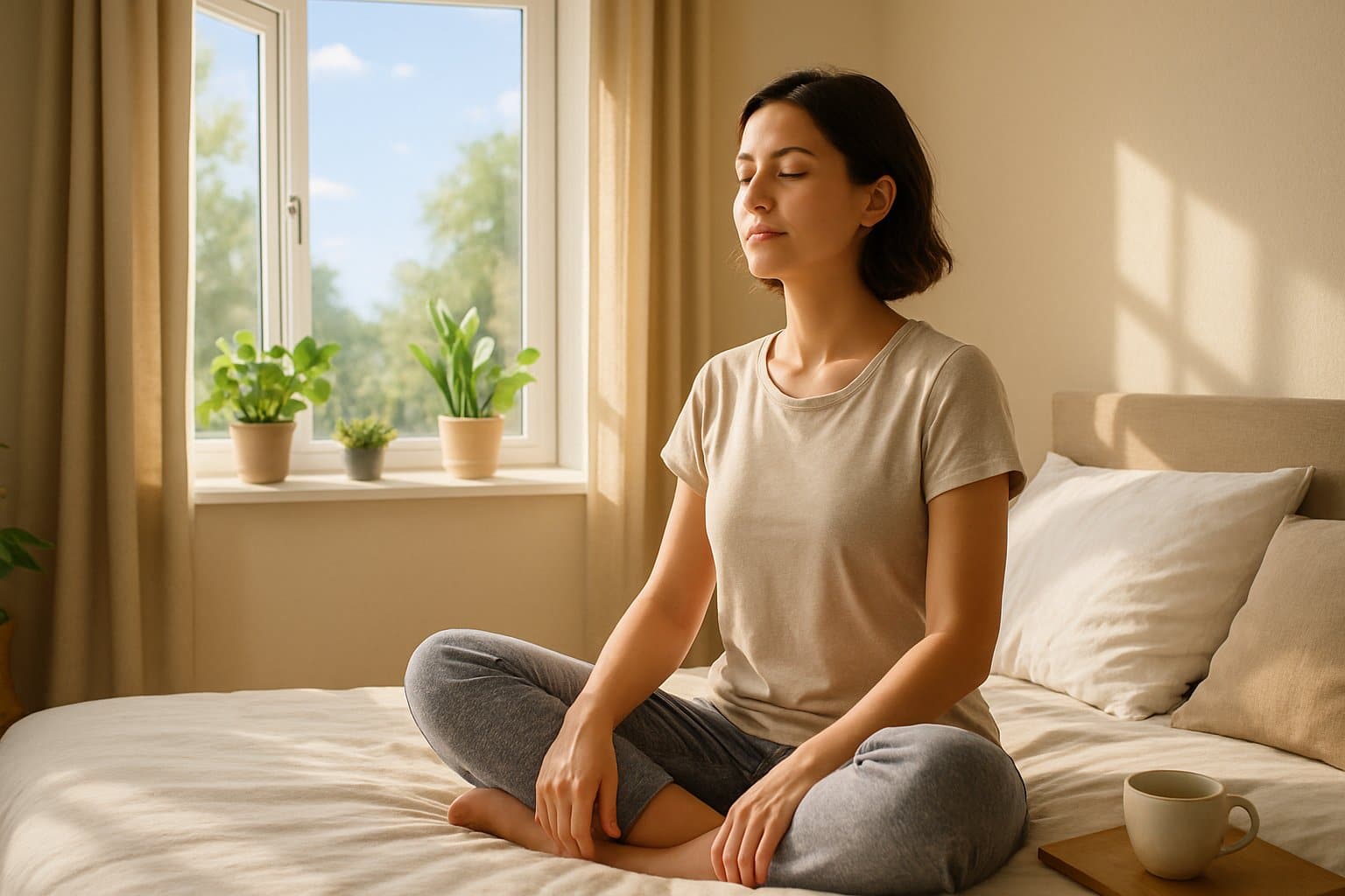 seasonal depression - Preventive Medicine Daily A young woman sitting on a bed in a sunlit bedroom, practicing a calming morning routine with plants and a cup of tea nearby.