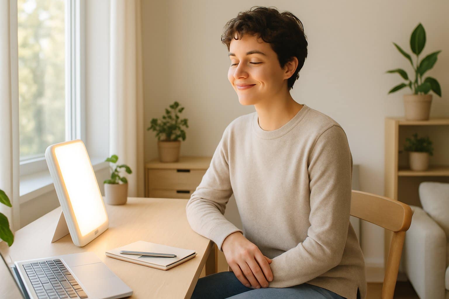 v2-123yuj-yn72o - Preventive Medicine Daily A person sitting near a window using a light therapy lamp in a bright, cozy room during morning.