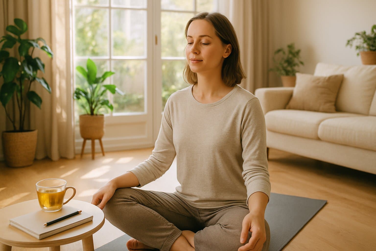 v2-123zq4-4s88h - Preventive Medicine Daily A calm woman sitting cross-legged on a yoga mat near a sunlit window, meditating with a cup of tea and a journal nearby in a cozy living room.
