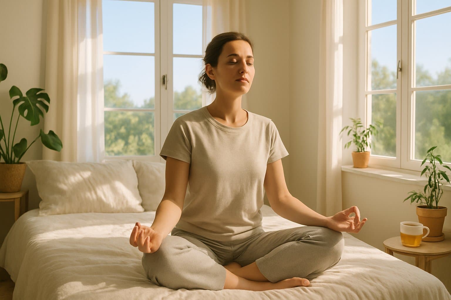 v2-123zqy-m3ftd - Preventive Medicine Daily A person sitting cross-legged in a bright bedroom, meditating peacefully in the morning light.