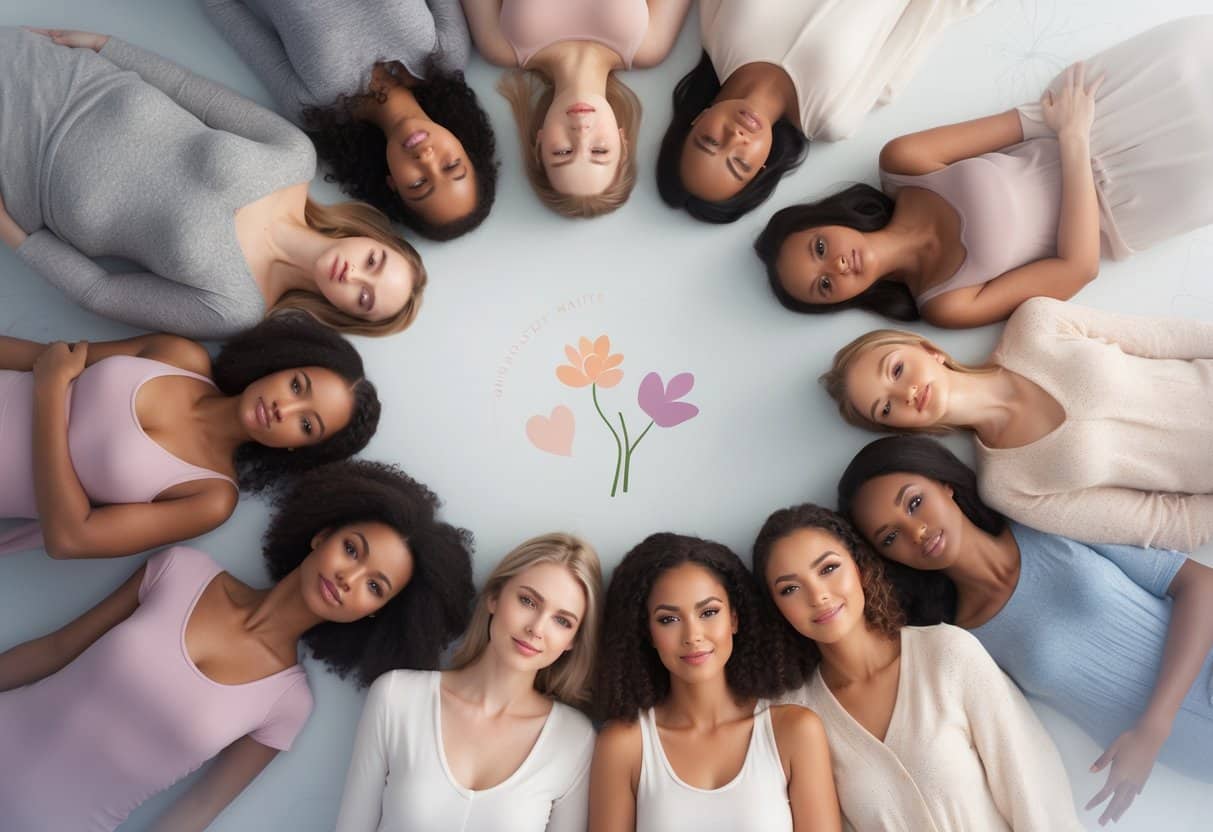 A diverse group of women arranged in a circle, each representing different phases of the menstrual cycle with calm expressions and natural poses.
