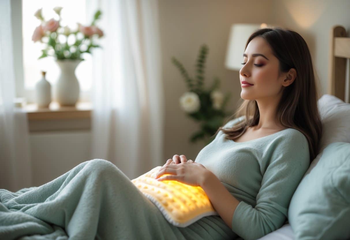 A young woman sitting in a cozy room, holding a heating pad on her lower abdomen, appearing calm and comfortable.