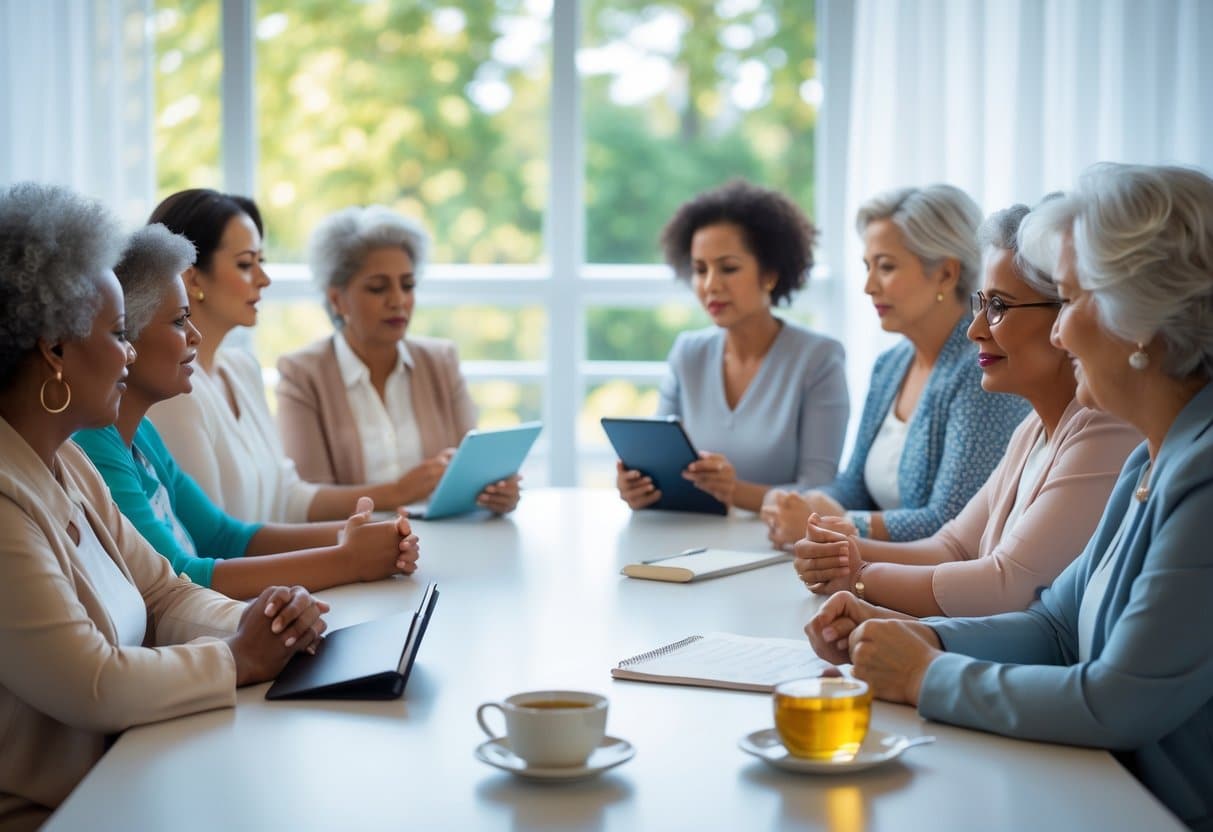 A diverse group of middle-aged women sitting around a table in a bright room, engaged in a supportive discussion.