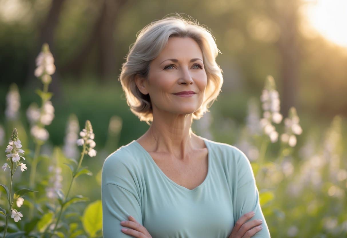 A middle-aged woman standing outdoors in soft natural light, surrounded by greenery and flowers, looking calm and thoughtful.