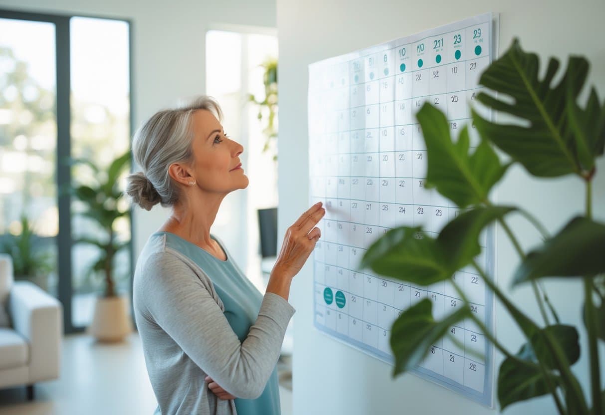 A middle-aged woman looking thoughtfully at a large wall calendar showing a timeline of health symptoms year by year in a bright, comfortable room.