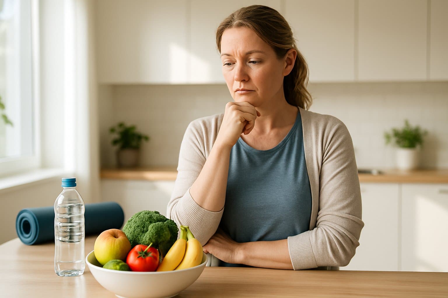 A thoughtful woman in her late 30s standing in a bright kitchen looking at a bowl of fresh fruits and vegetables.