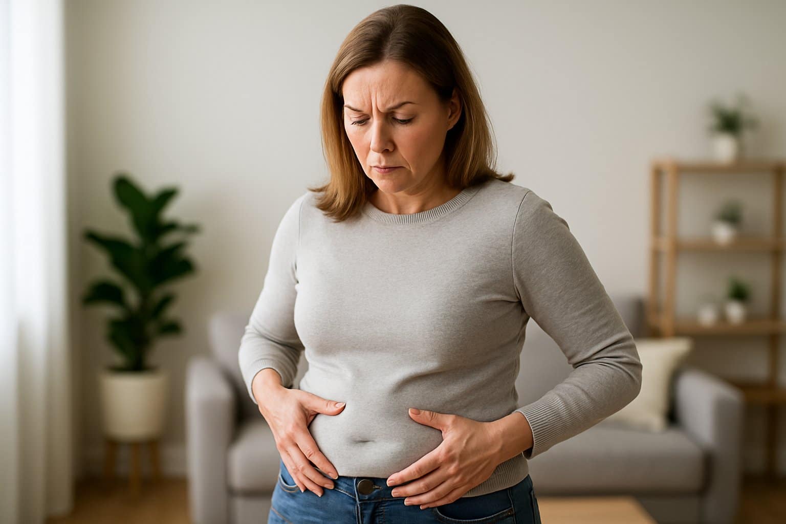 A middle-aged woman gently touching her midsection with a concerned expression in a modern living room.